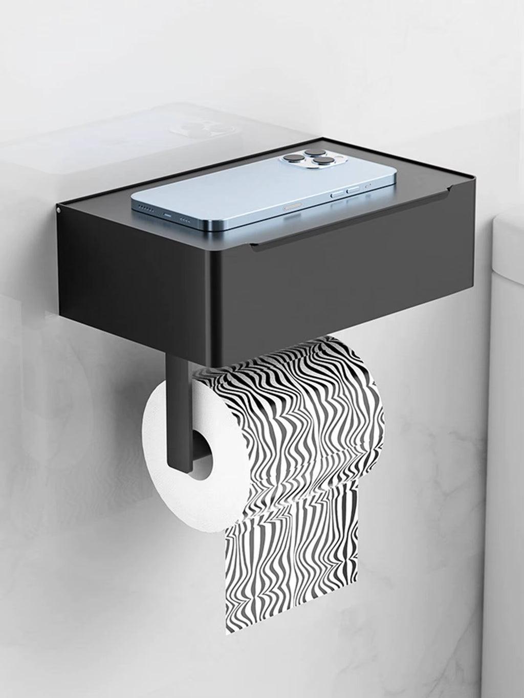 A Black Iron Wall-Mounted Toilet Paper and Wet Wipes Holder for the Bathroom, Complete with Storage Space